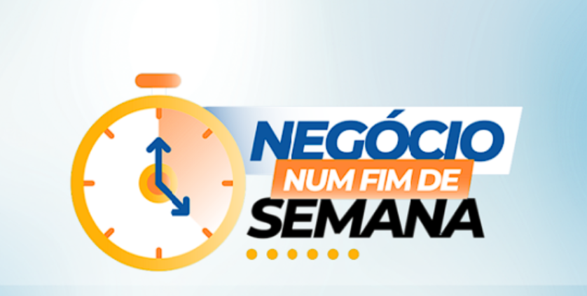 Logo do curso Negócio num Fim de Semana de Max Peters com fundo moderno e elementos gráficos de sucesso financeiro digital.