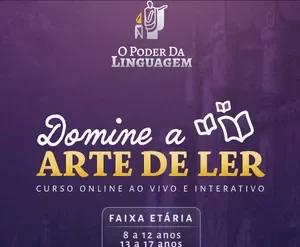 Capa do curso Domine a Arte de Ler - O Poder da Linguagem, com elementos visuais que remetem a livros e conhecimento.