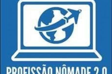 Capa do curso Profissão Nômade por Rafael Scapella e Stephano Santos, com ícones de laptop, avião e gráfico de crescimento.